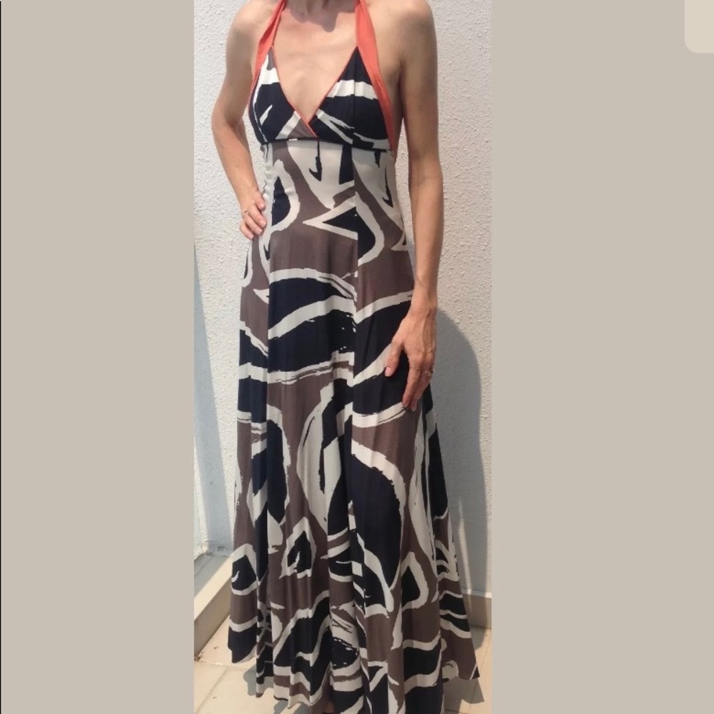 DKNY abstract print silk maxi halter dress